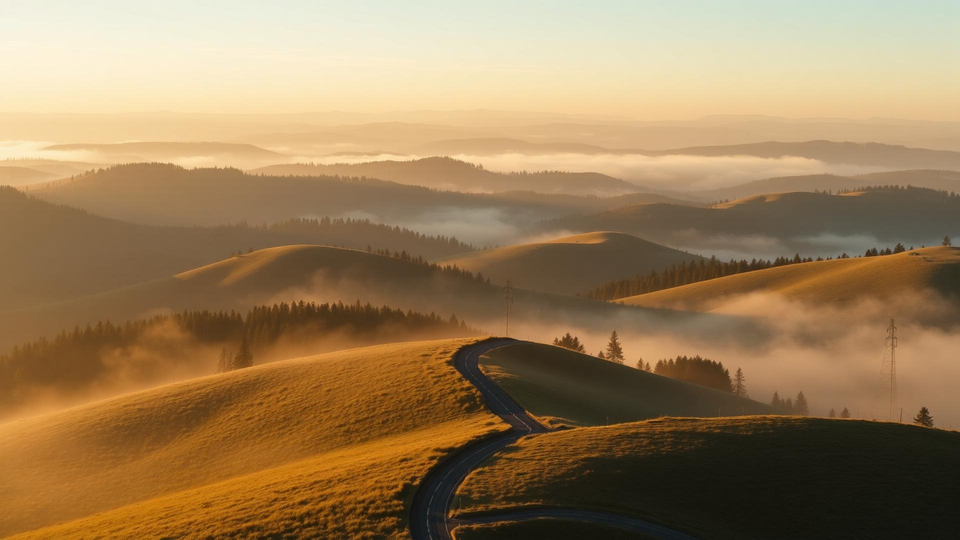 Misty hills at golden hour with a winding road